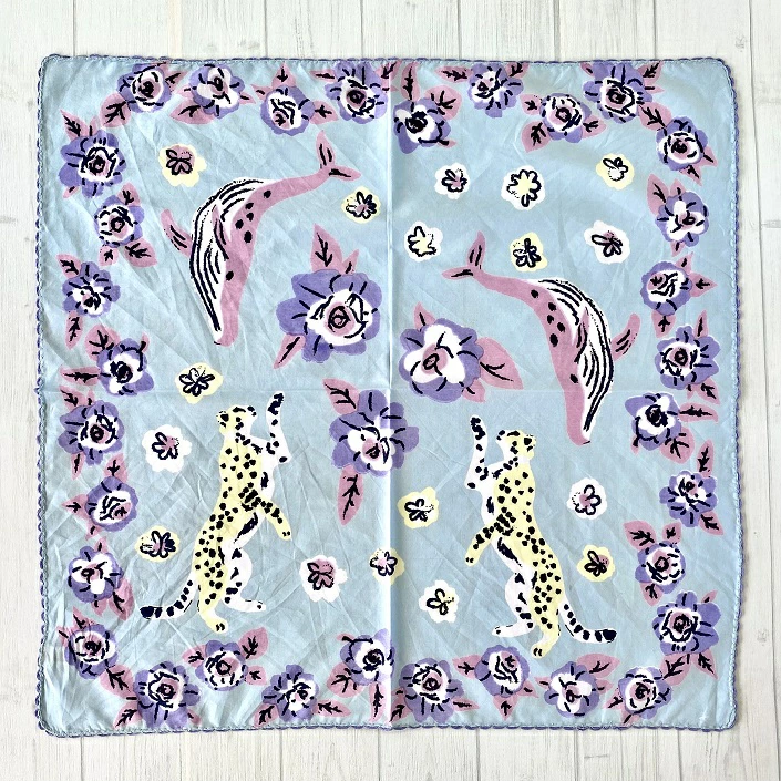 バンダナ インド綿100%  くじら インパチェンス  パステルカラー ブルー  53cm×53cm