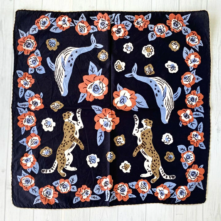 バンダナ インド綿100%  くじら インパチェンス  ビビットカラー ブラック  53cm×53cm