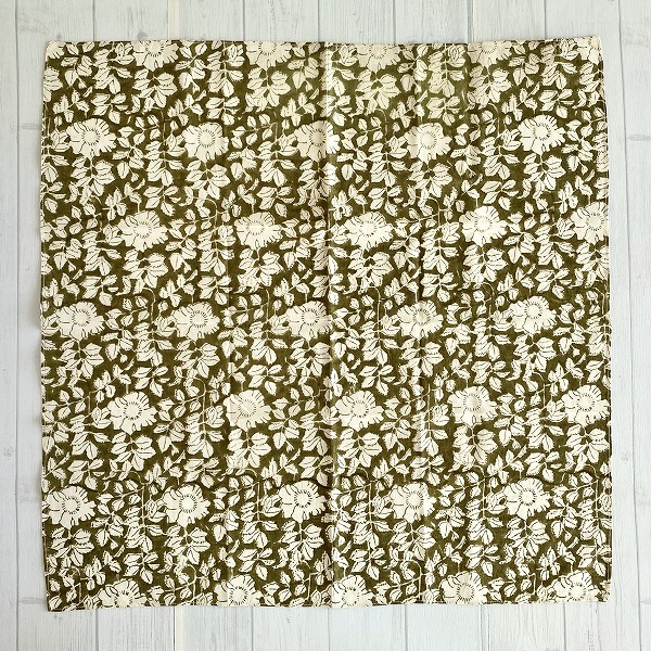 バンダナ インド綿100％  アジアン エスニック 花柄 カーキ 55cm×55cm
