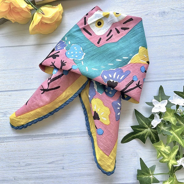 バンダナ インド綿100 ツインオウル(フクロウ) ブルー53cm×53cm