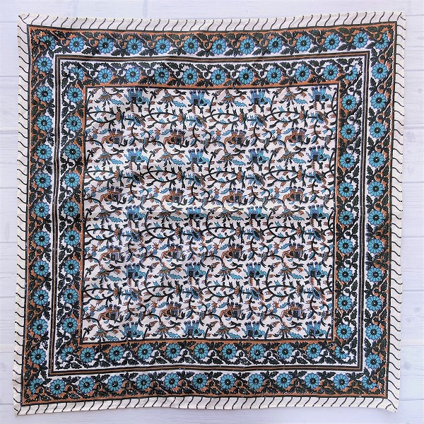 バンダナ インド綿100%  アラベスクエレファント  青  約52cm×52cm