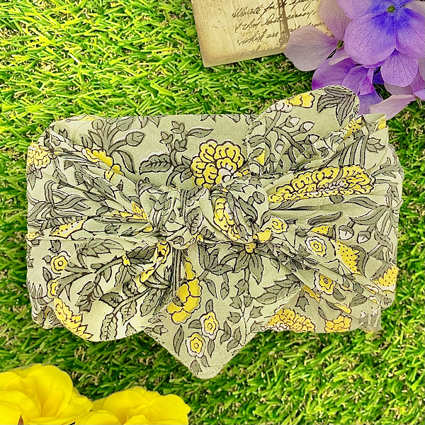 バンダナ インド綿100% ビッグフラワー グリーン イエロー  約50cm×50cm