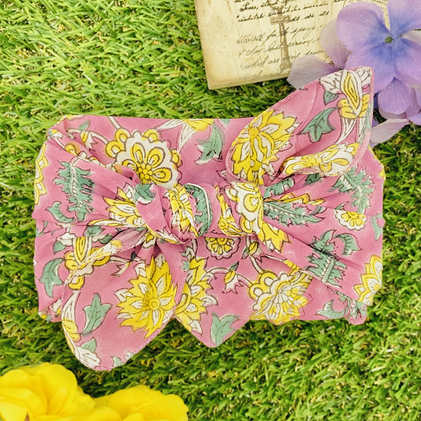 バンダナ インド綿100%  ビッグフラワー ピンク イエロー 約50cm×50cm