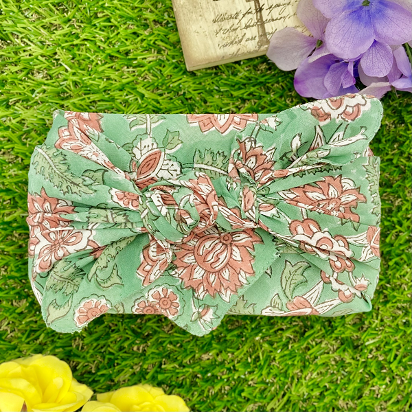 バンダナ  インド綿100%  ビッグフラワー グリーン オレンジ 約50cm×50cm