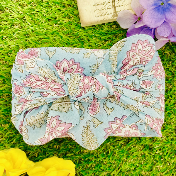 バンダナ インド綿100% ビッグフラワー 水色 ピンク 約50cm×50cm