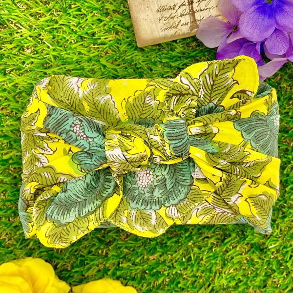 バンダナ インド綿100% ボタニカル柄 イエロー グリーン 約50cm×50cm