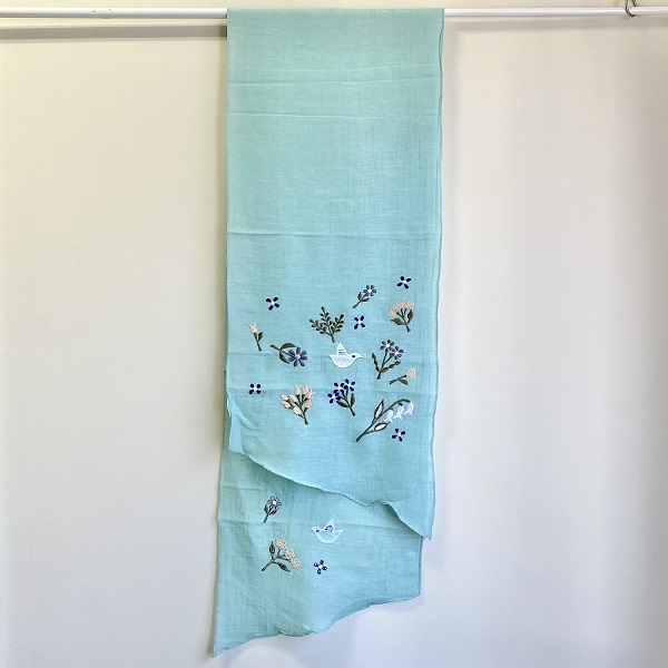 ストール 綿50％ 麻50% 白い小鳥とフラワー  ターコイズ 160cm×30ｃｍ