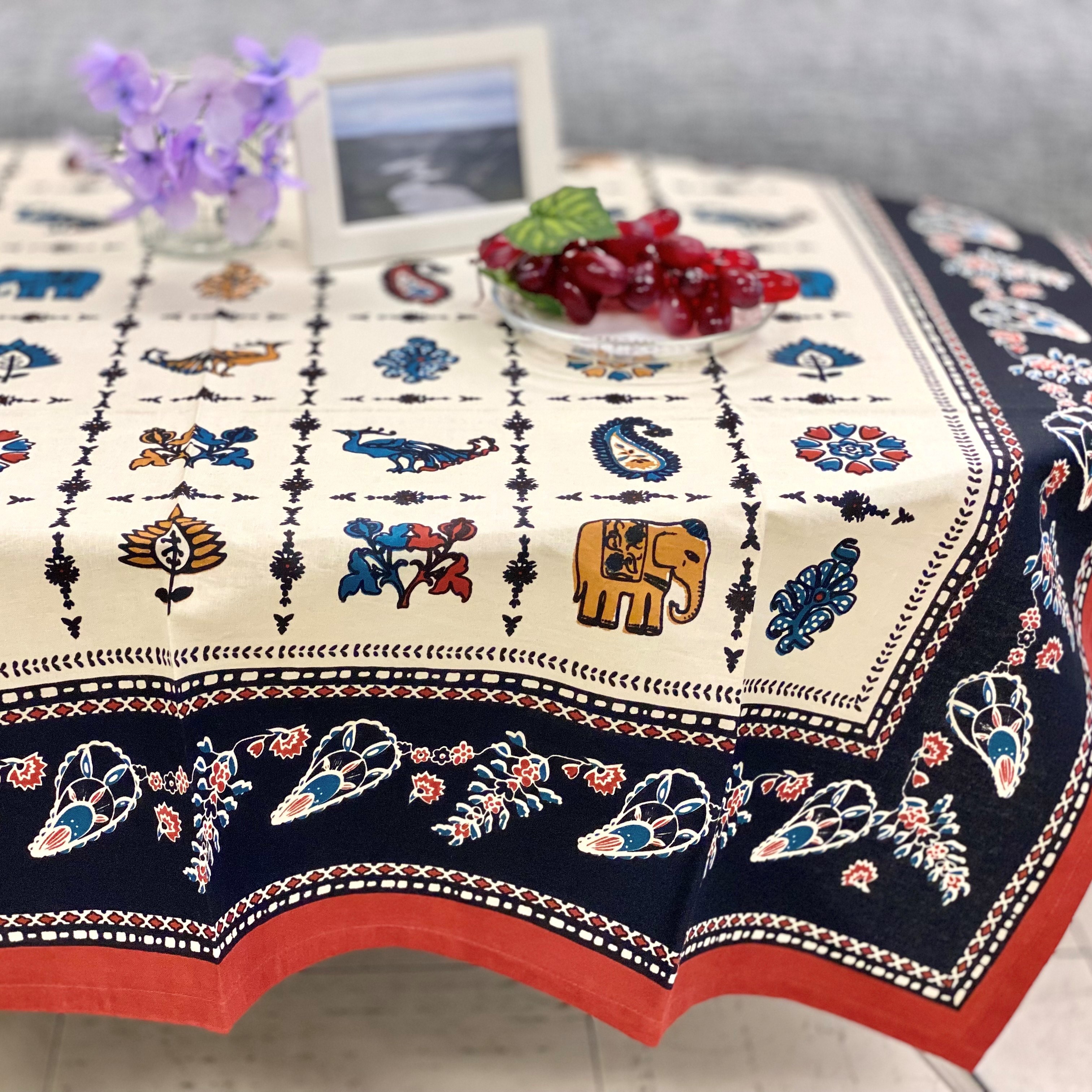 テーブルクロス インド綿100%  ペイズリー柄  ブラック 105cm×105cm