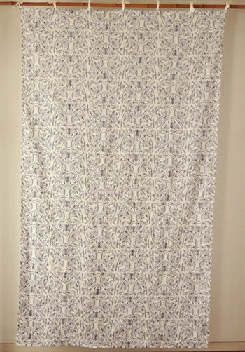 カーテン インド綿100% 刺繍 ボタニック エンブロイダリー  ブルー ホワイト 180cm×110cm