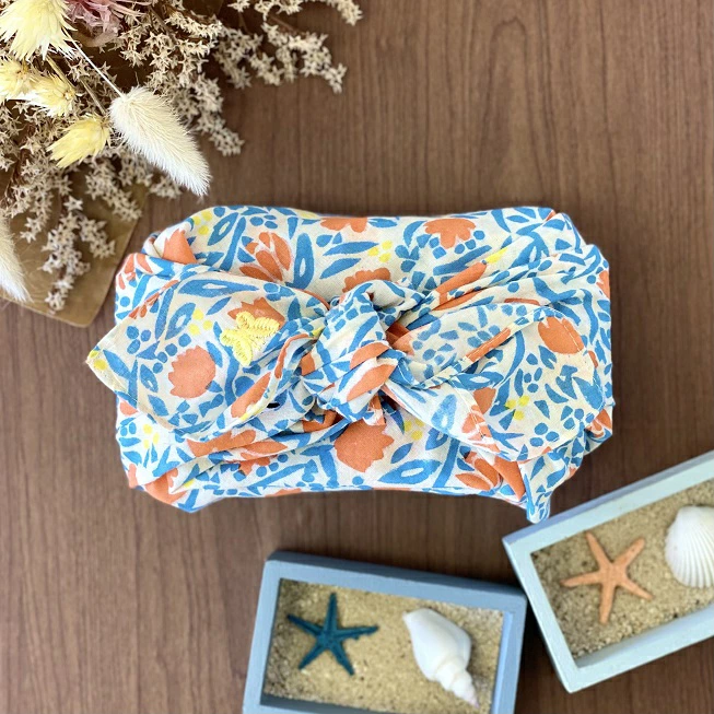 バンダナ インド綿100％ ポップ刺繍 ちょうちょ 花柄 オレンジ 55cm×55cm