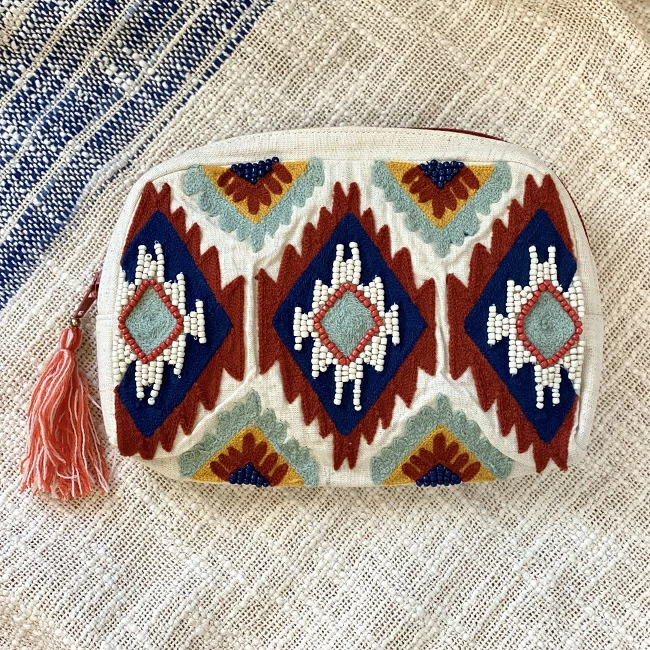 ビーズポーチ オルテガ ネイティブアメリカン ホワイト  17cm×13.5cm×5cm