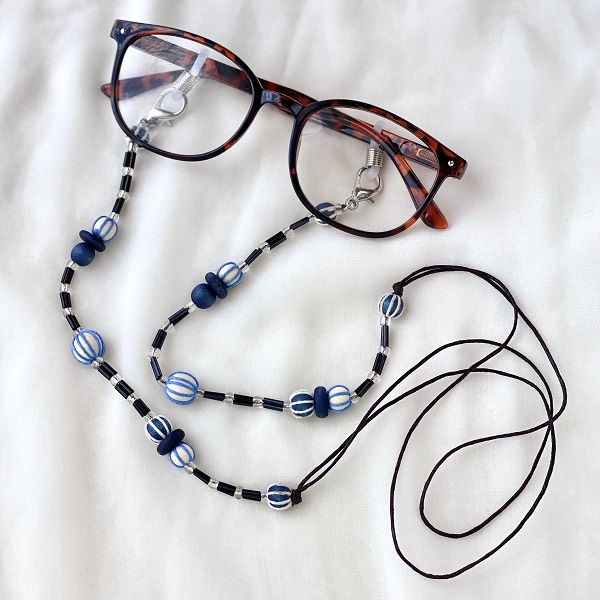 メガネチェーン ビーズ ウッドボール ブルー  水色 約70cm kh020