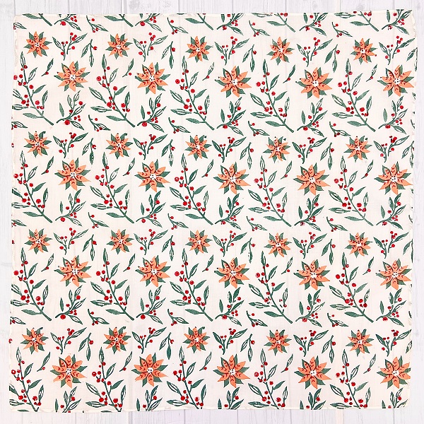 バンダナ インド綿100％ 木の実とポインセチア ブロックプリント 北欧 カントリー ホワイト 約55cm×55cm　kb076