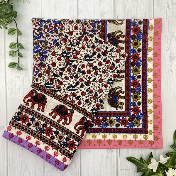バンダナ インド綿100%  フラワーエレファント  ピンク バイオレット 約52cm×52cm