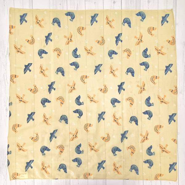 スカーフ 綿100％ バードブリント イエロー 70cm×70cm