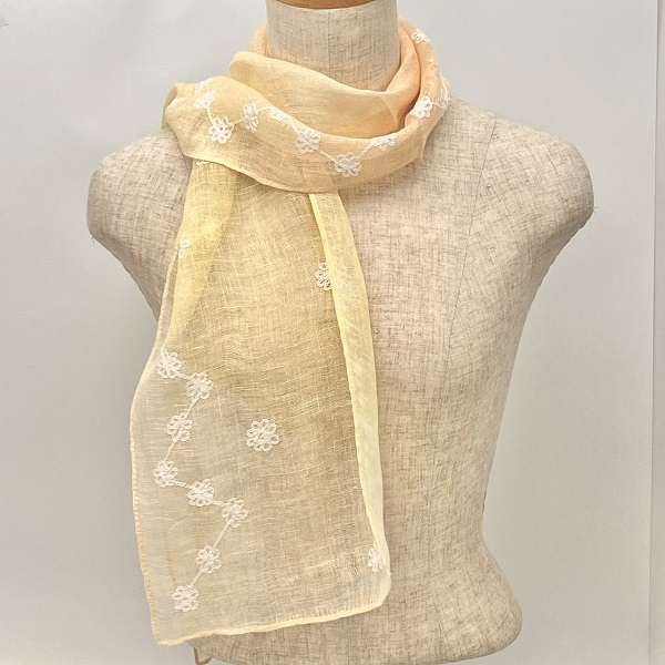 スカーフ 麻100％  フラワー刺繍 オレンジ  140cm×22cm