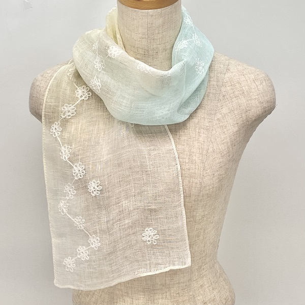 スカーフ 麻100％ フラワー刺繍 ブルー 140cm×22cm